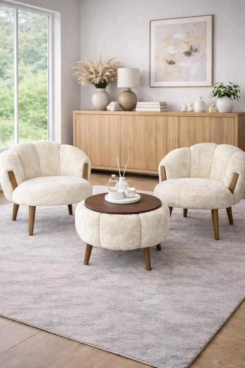 Ørelappstol- og salongbordsett (3 deler) Atelier Del Sofa Star (75 x 100 x 42 cm) Krem - Møbler - Møbelsett - Møbelsett til stue