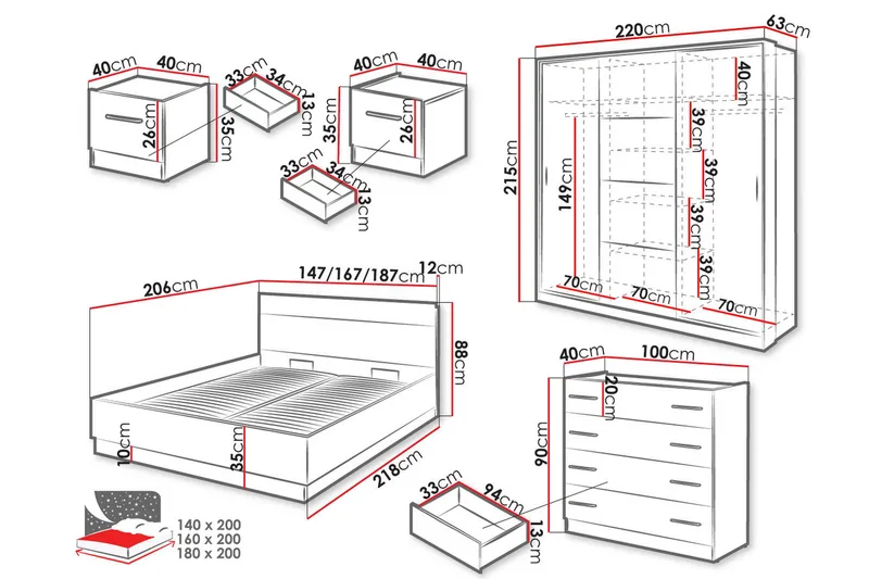 Dentrona Møbelsett For Soverom - Svart - Møbler - Møbelsett - Møbelsett til soverom