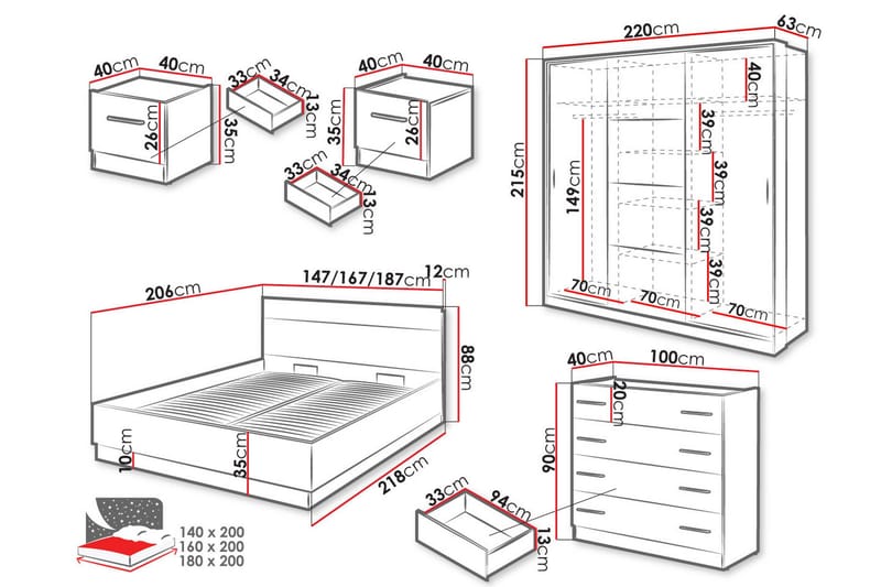 Dentrona Møbelsett For Soverom - Svart - Møbler - Møbelsett - Møbelsett til soverom