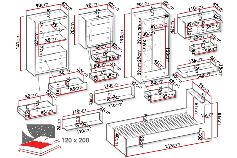 Evorana Møbelsett For Soverom - Brun/Mørk Grå - Møbler - Møbelsett - Møbelsett til soverom