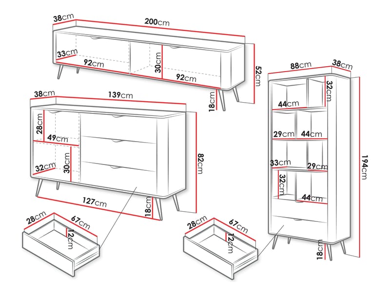 Forba møbelsett til stue - TV-benk, bokhylle og skjenk - hvit - Møbler - Møbelsett - Møbelsett til stue