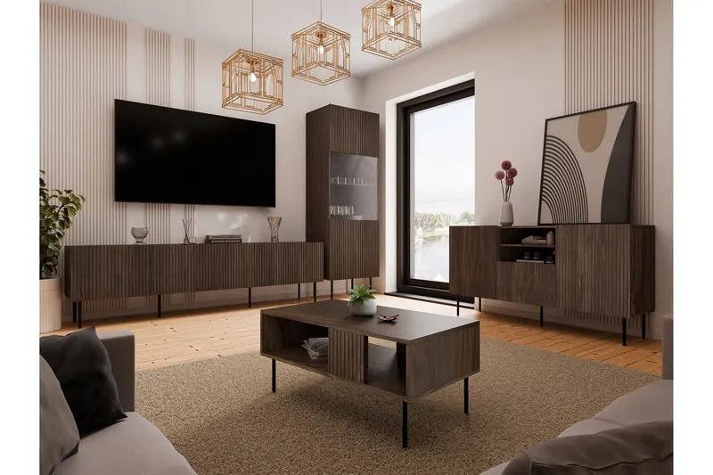 Hammarstrand TV Møbelsett Stue - Valnøtt / Svart / Ribbet Tre - Møbler - Møbelsett - Møbelsett til stue