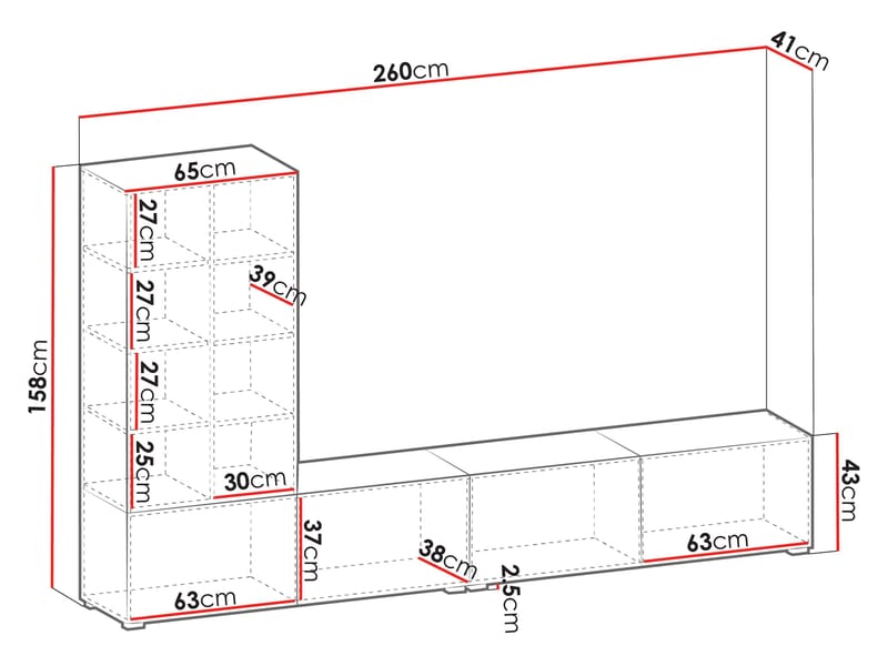Klinkerville møbelsett ribbet TV-benk vitrineskap med LED-belysning vegghengt - gulvstående 260 cm - Valnøtt brun - Møbler - Møbelsett - Møbelsett til stue