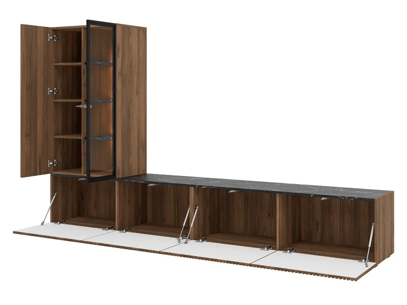 Klinkerville møbelsett ribbet TV-benk vitrineskap med LED-belysning vegghengt - gulvstående 260 cm - Valnøtt brun - Møbler - Møbelsett - Møbelsett til stue