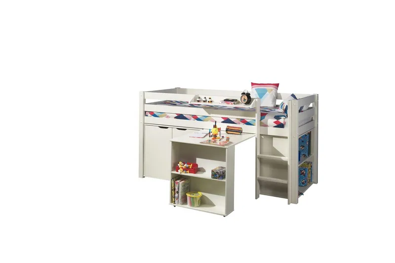 Middelseng med skrivebord, bokhylle, skap med 2 dører og hylle Pino, undefined