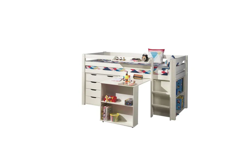 Middelseng med skrivebord, bokhylle og skap med 4 dører med hylle Pino, undefined