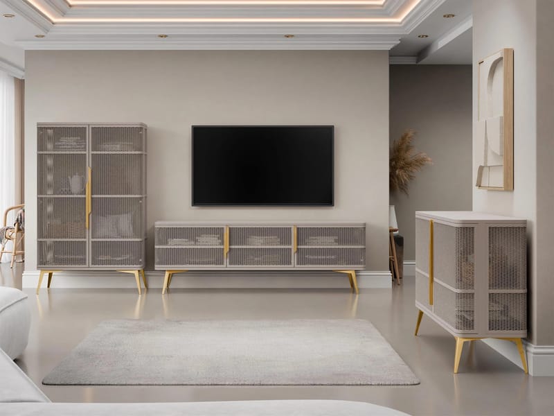 Mireva møbelsett til stue - TV-benk, vitrineskap og skjenk - beige, gull - Møbler - Møbelsett - Møbelsett til stue