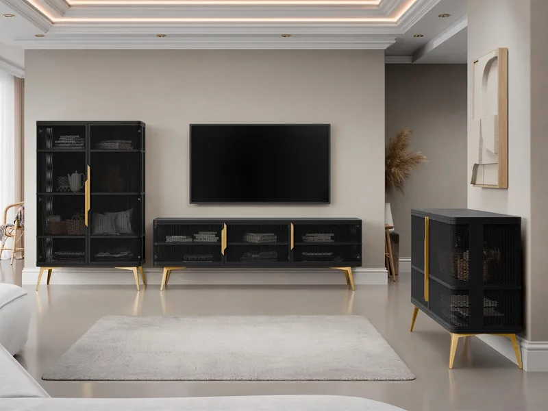 Mireva møbelsett til stue - TV-benk, vitrineskap og skjenk, svart, gull