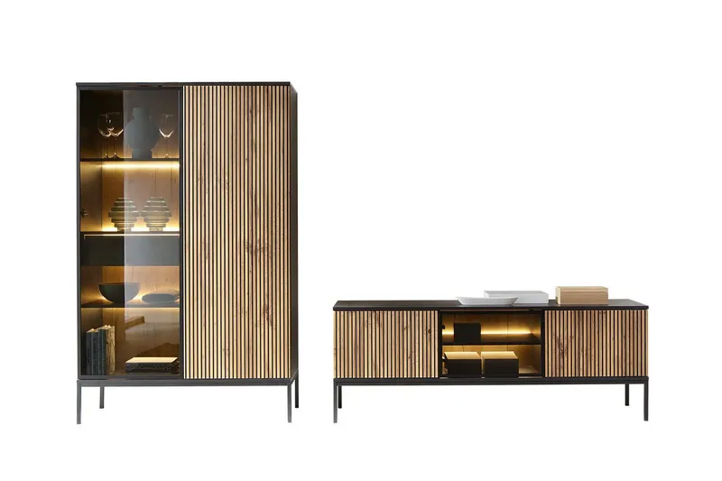 Klinkerville Møbelsett Stue – TV-benk og Vitrineskap med Belysning, Svart Tre / Brun / Ribbet / Glass