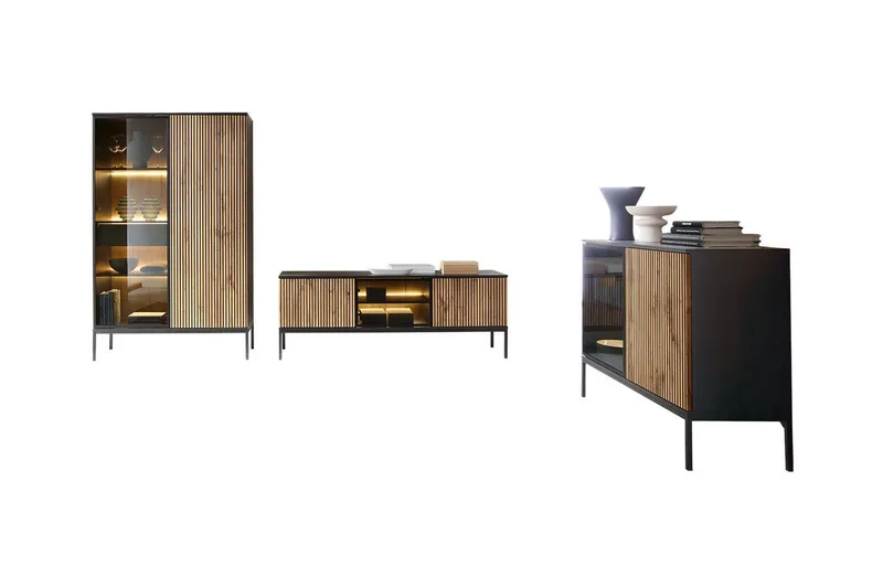 Klinkerville Møbelsett Stue med Belysning benk vitrineskap, Svart Tre / Brun / Ribbet / Glass