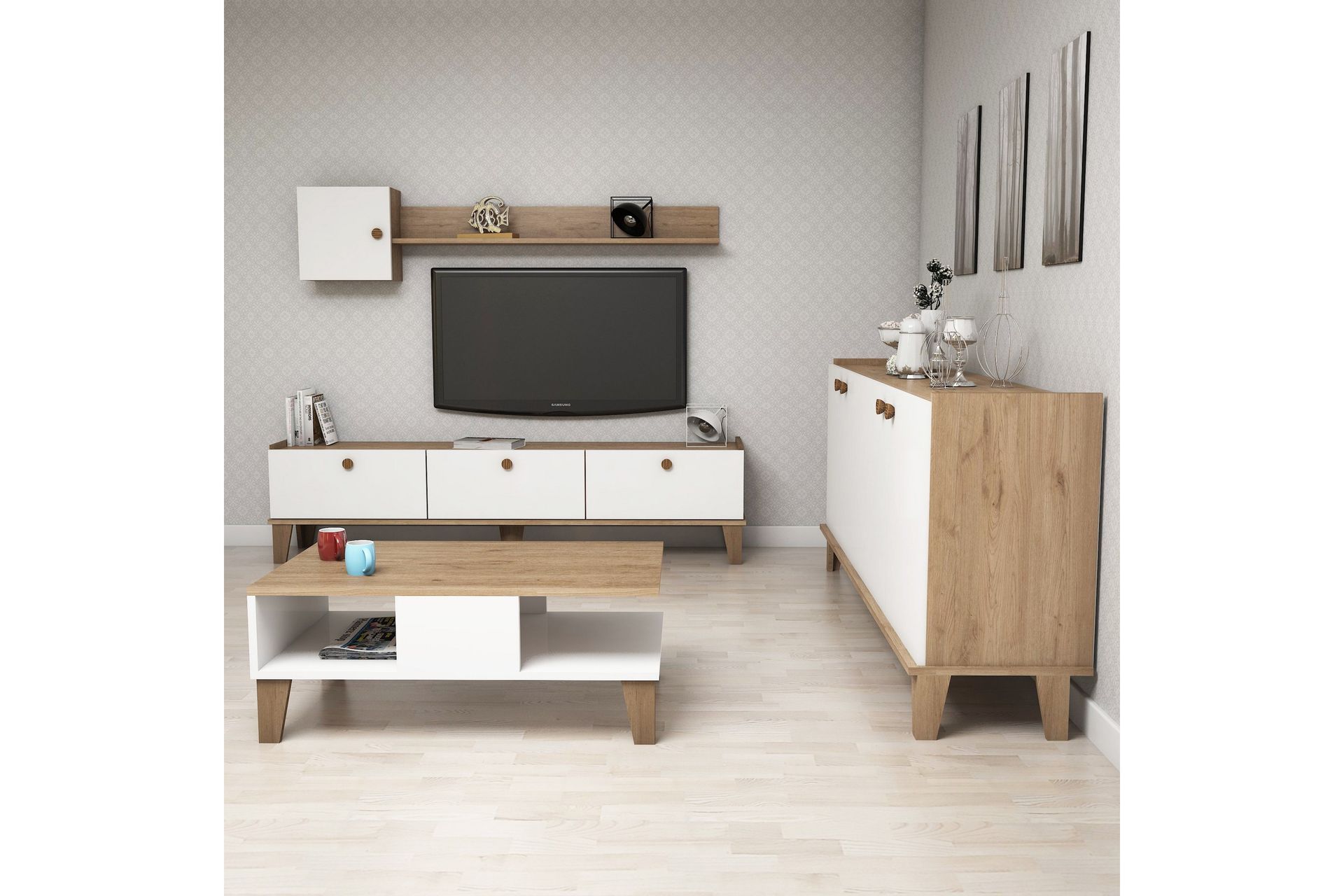 Living Room Furniture Set Eik|Hvit - Møbler - Møbelsett - Møbelsett til stue