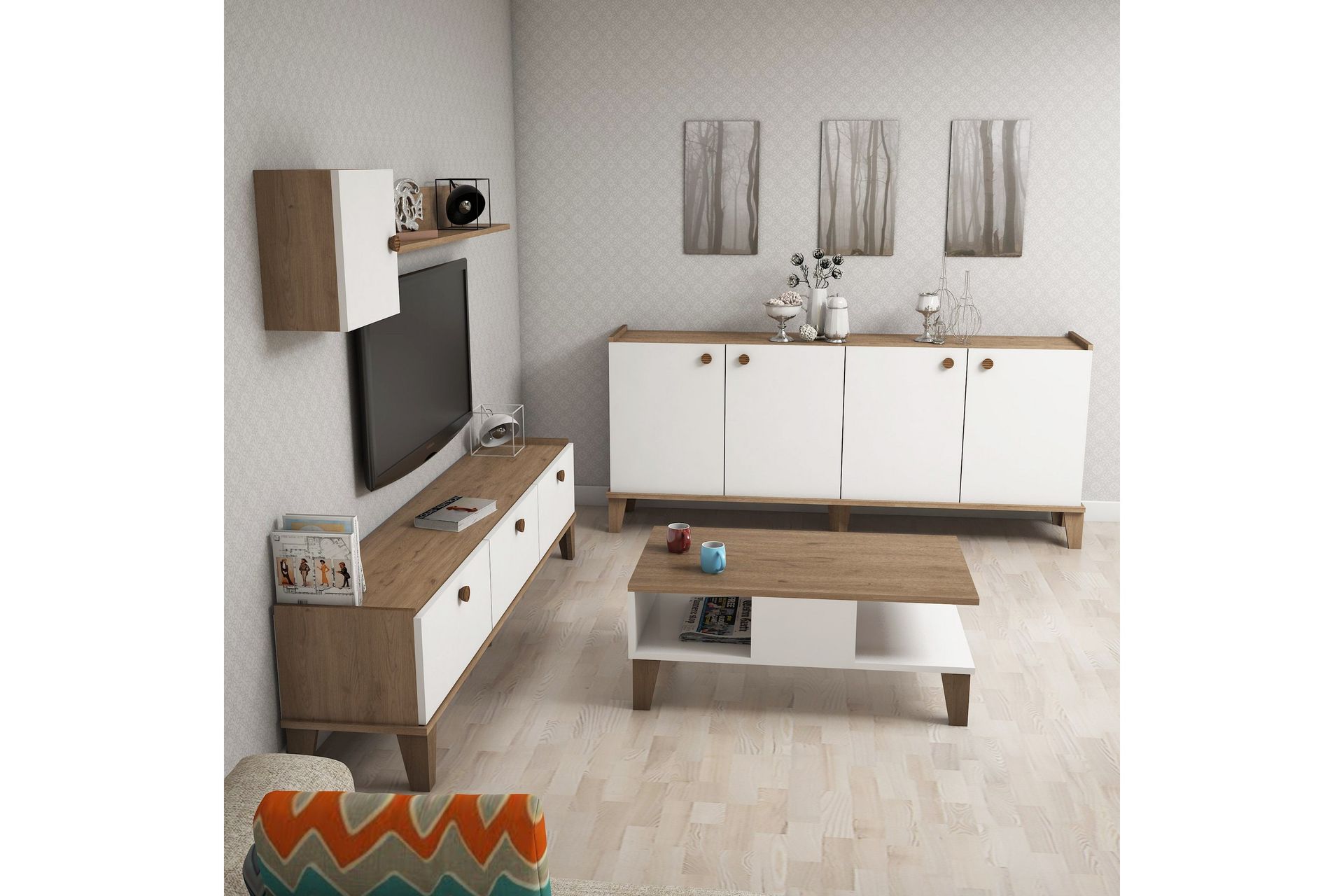 Living Room Furniture Set Eik|Hvit - Møbler - Møbelsett - Møbelsett til stue