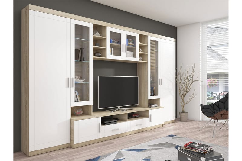 Paris Møbelsett Stue 340x44x197.5 cm - Eik / Hvit Led-belysning - Møbler - Møbelsett - Møbelsett til stue