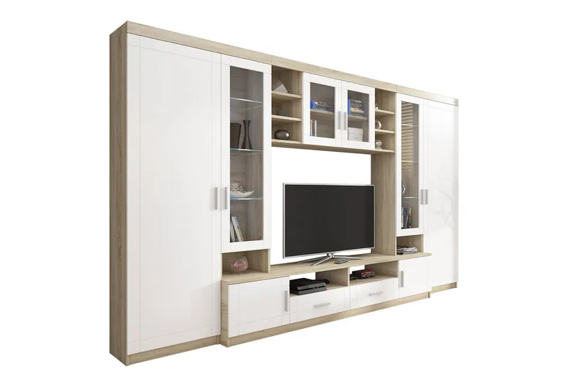 Paris Møbelsett Stue 340x44x197.5 cm - Eik / Hvit Led-belysning - Møbler - Møbelsett - Møbelsett til stue