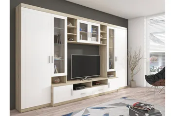 Paris Møbelsett Stue 340x44x197.5 cm - Eik / Hvit Led-belysning - Møbler - Møbelsett - Møbelsett til stue