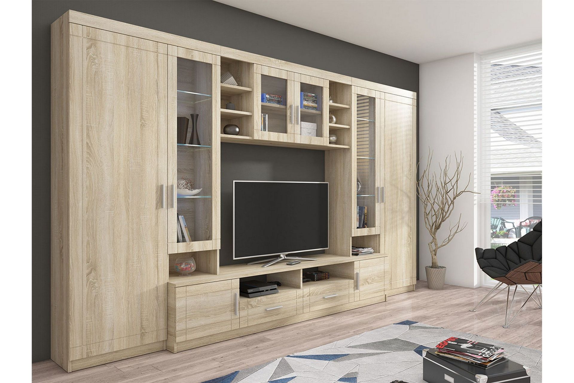 Paris Møbelsett Stue 340x44x197.5 cm - Eik / Hvit Led-belysning