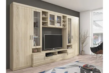 Paris Møbelsett Stue 340x44x197.5 cm - Eik / Hvit Led-belysning - Møbler - Møbelsett - Møbelsett til stue