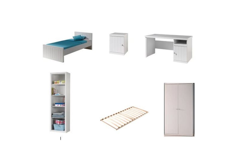 Seng med lamellbunn, nattbord, garderobe, skrivebord, bokhylle Robin - Møbler - Møbelsett - Møbelsett til soverom