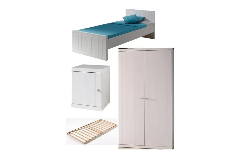 Seng med lamellbunn, nattbord, garderobe Robin, undefined