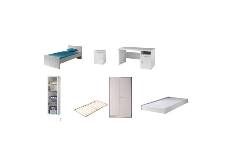 Seng med lamellbunn, skuff, nattbord, garderobe, bokhylle, skrivebord Robin - Møbler - Møbelsett - Møbelsett til soverom