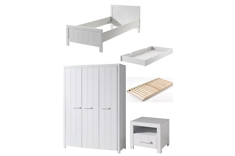 Seng med lamellbunn nattbord 3-dørs garderobe skuff Erik, undefined