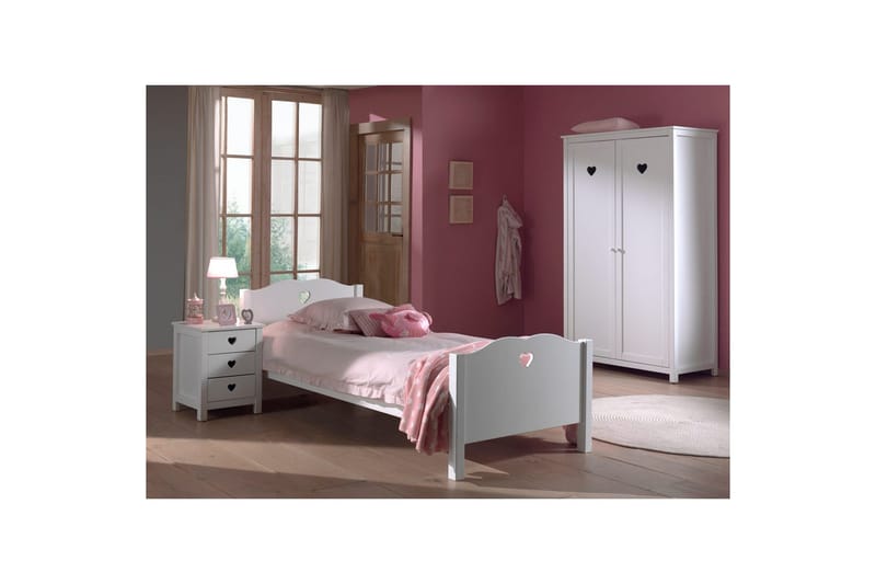 Seng med lamellbunn nattbord garderobe Amori Hvit 2-dørs - 2-dørs - Møbler - Møbelsett - Møbelsett til soverom