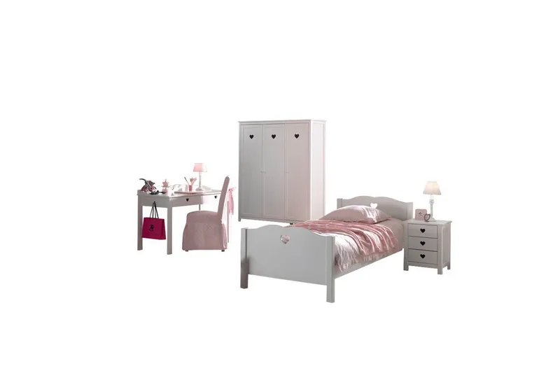 Seng med lamellbunn nattbord garderobe skrivebord Amori Hvit 3-dører, 3-dører