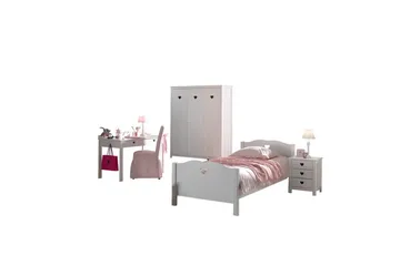 Seng med lamellbunn nattbord garderobe skrivebord Amori Hvit 3-dører - 3-dører - Møbler - Møbelsett - Møbelsett til soverom