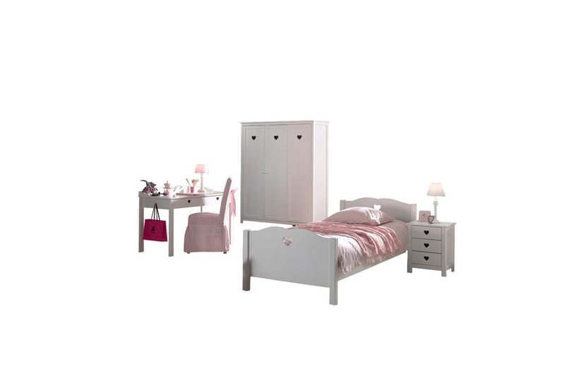 Seng med lamellbunn nattbord garderobe skrivebord Amori Hvit 3-dører, 3-dører