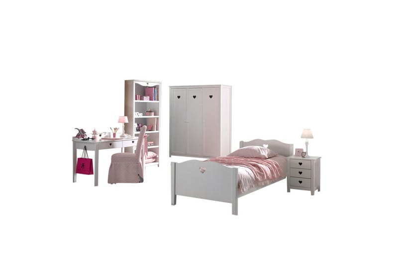 Seng med lamellbunn nattbord garderobe skrivebord bokhylle Amori Hvit 3-dører - 3-dører - Møbler - Møbelsett - Møbelsett til soverom