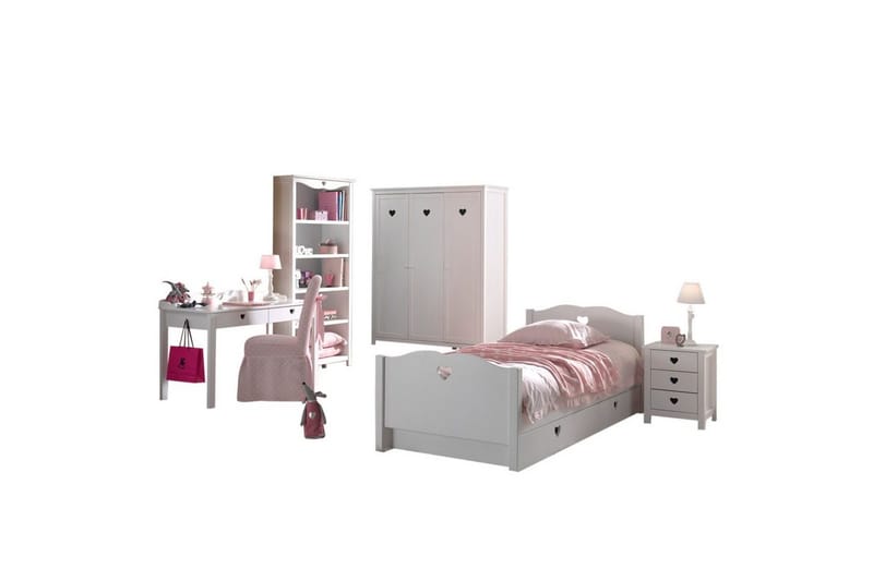 Seng med lamellbunn nattbord garderobe skrivebord bokhylle skuff Amori Hvit, undefined