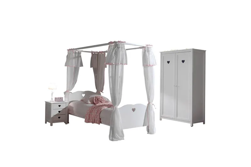 Seng med lamellbunn nattbord garderobe tekstilsett Amori Hvit, undefined