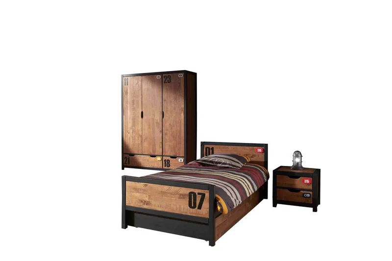 Seng med lamellbunn skuff nattbord 3-dørs garderobe Alex, undefined