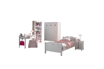Seng med nattbord garderobe skrivebord bokhylle Amori Hvit 3-dører - 3-dører - Møbler - Møbelsett - Møbelsett til soverom