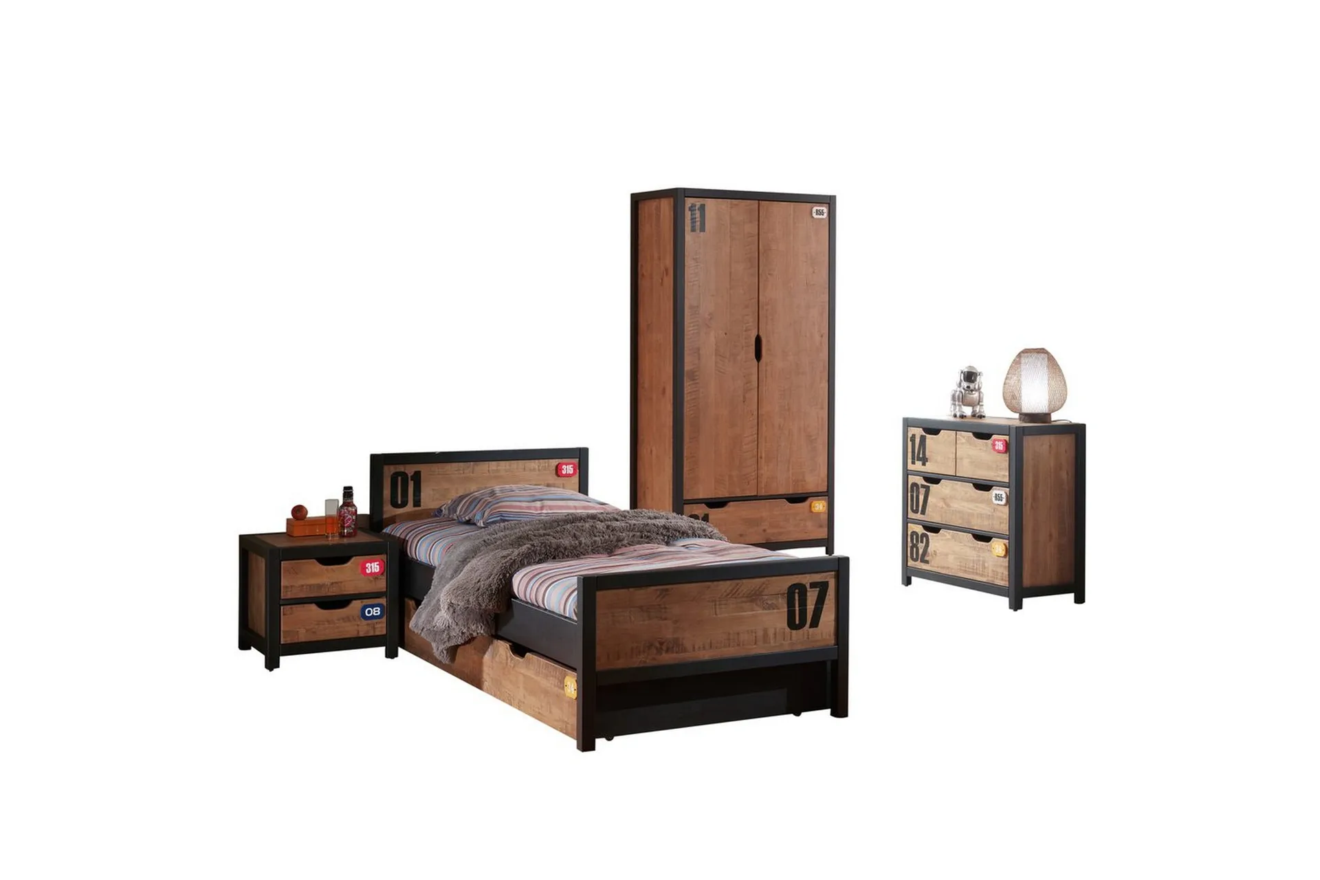 Seng med nattbord skuff garderobe kommode Alex - Møbler - Trademax