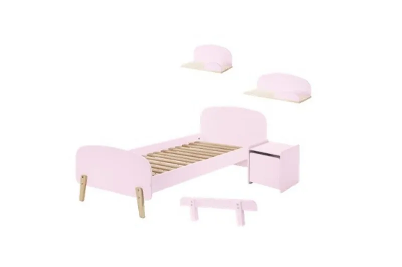 Seng med nattbord Vegghyller Sikkerhetsrail Kiddy Rosa, Rosa