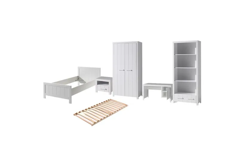 Seng med ribbebunn nattbord to-dørs garderobe skrivebord bokhylle Erik, undefined