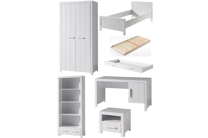 Seng med ribbebunn nattbord to-dørs garderobe skrivebord bokhylle skuff Erik, undefined