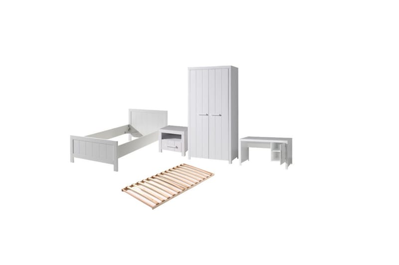 Seng med ribbebunn nattbord to-dørs garderobe skrivebord Erik, undefined