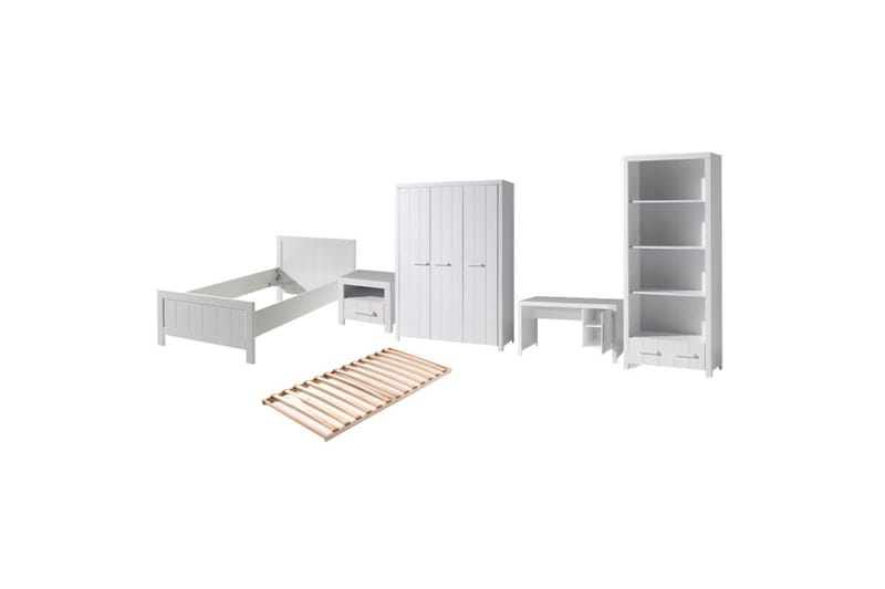 Seng med ribbebunn nattbord tre-dørs garderobe skrivebord bokhylle Erik, undefined