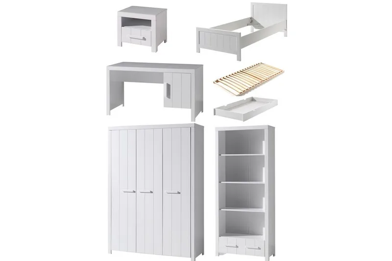 Seng med ribbebunn nattbord tre-dørs garderobe skrivebord bokhylle skuff Erik, undefined