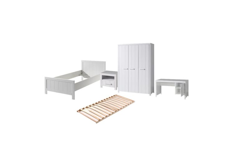 Seng med ribbebunn nattbord tre-dørs garderobe skrivebord Erik, undefined