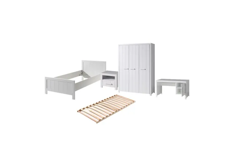 Seng med ribbebunn nattbord tre-dørs garderobe skrivebord Erik, undefined