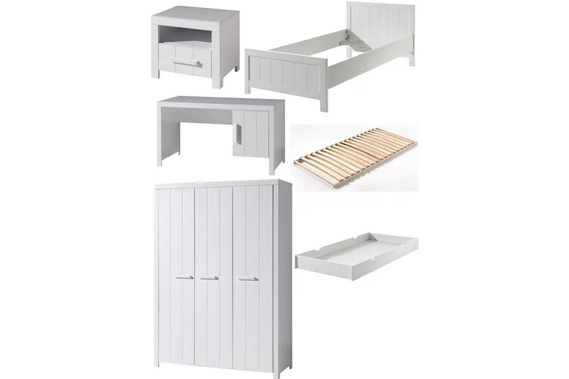 Seng med ribbebunn nattbord tre-dørs garderobe skrivebord skuff Erik, undefined