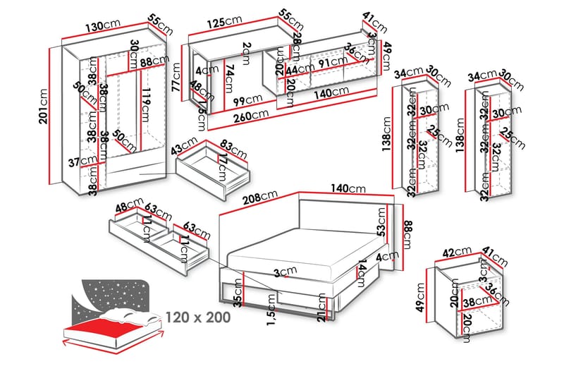 Sigmana Møbelsett For Soverom - Lys Grå/Brun/Beige - Møbler - Møbelsett - Møbelsett til soverom