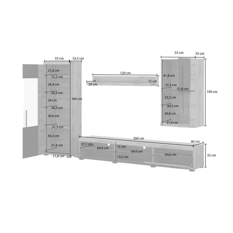 Veggseksjon Roger 4 deler - Wotan eik - Møbler - Møbelsett - Møbelsett til stue