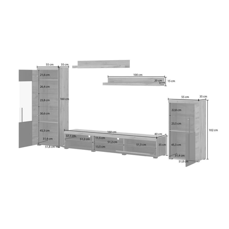 Veggseksjon Roger 5 deler - Wotan eik - Møbler - Møbelsett - Møbelsett til stue