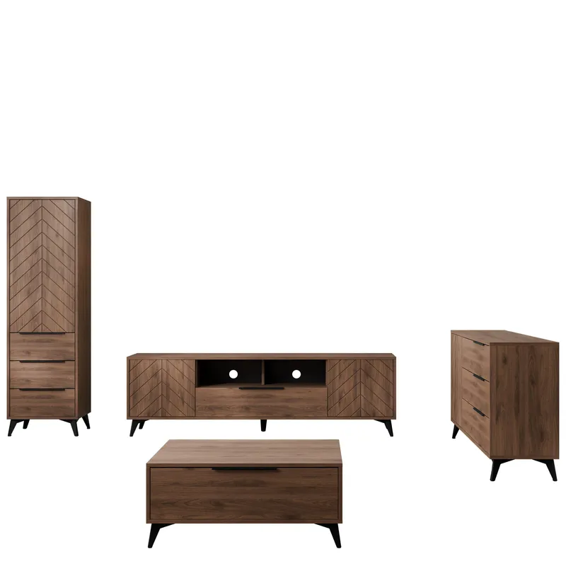 Vemdalen møbelsett til stue - TV-benk, bokhylle, skjenk og sofabord, brun