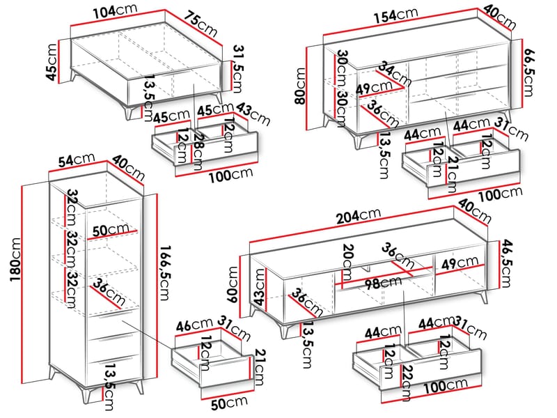 Vemdalen møbelsett til stue - TV-benk, bokhylle, skjenk og sofabord - brun - Møbler - Møbelsett - Møbelsett til stue