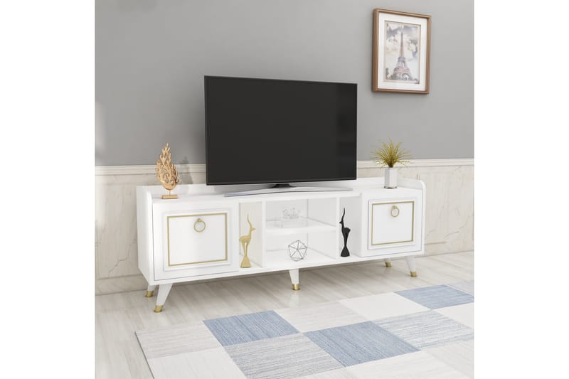 Irubhi TV-møbelsett 150x35 cm Hvit/Gull - Hanah Home - Møbler - Mediamøbel & tv møbel - TV-møbelsett